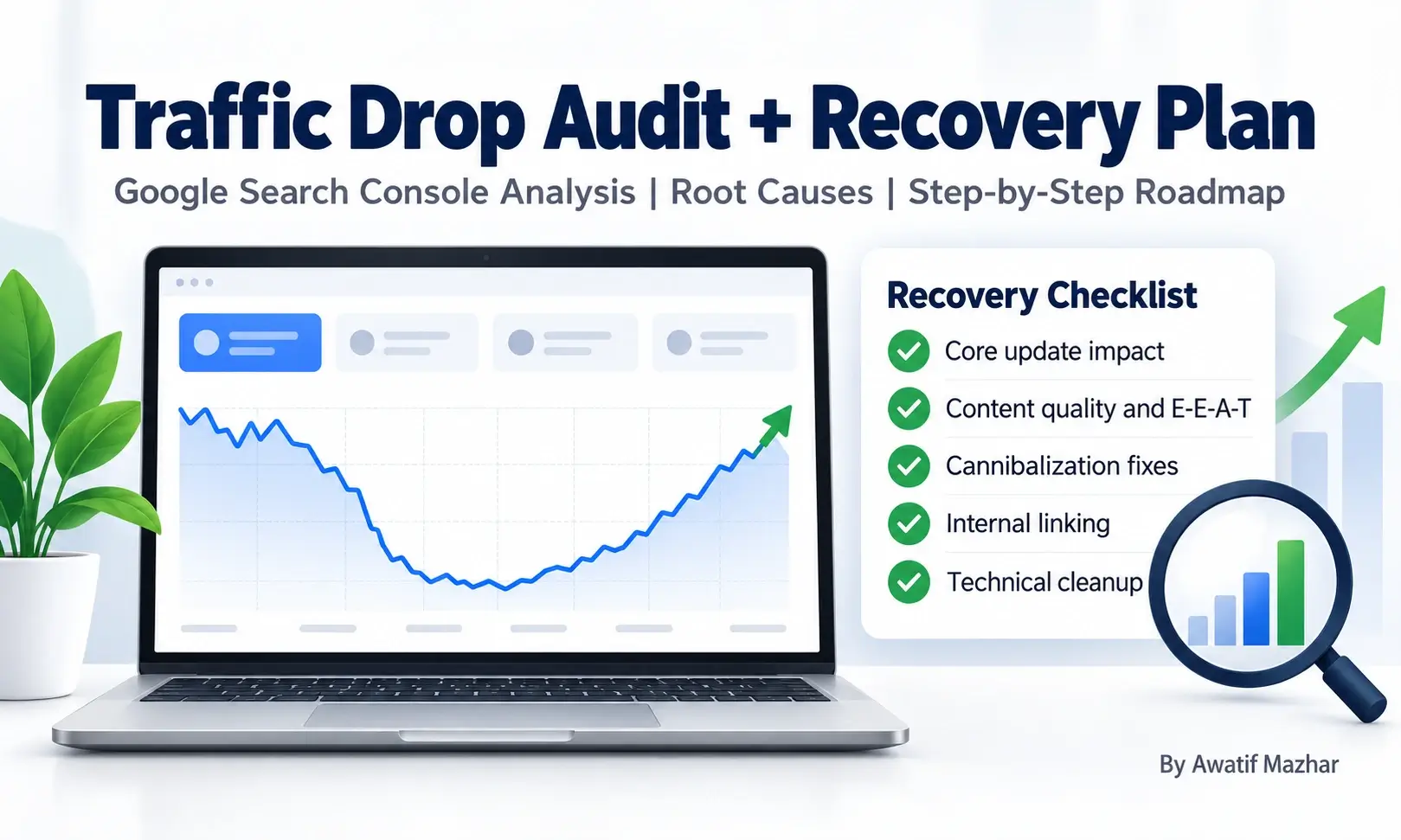 Traffic Drop Audit and Recovery Plan cover showing a falling and recovering traffic graph with a recovery checklist
